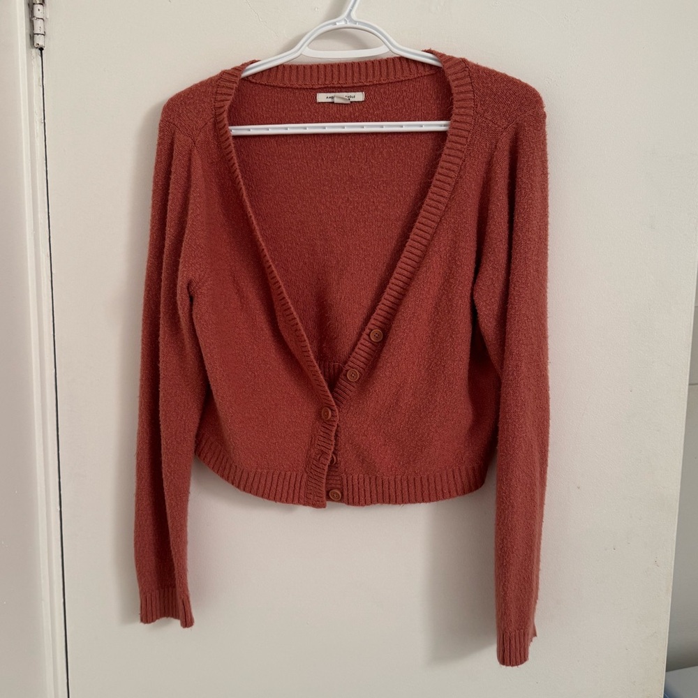 American Eagle Pink Boucle Cropped Cardigan Sweater